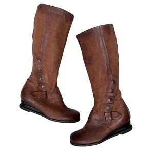 Miz Mooz Bennett Burnished Brown Leather Equestrian Tall Riding Boots Wedge Heel
